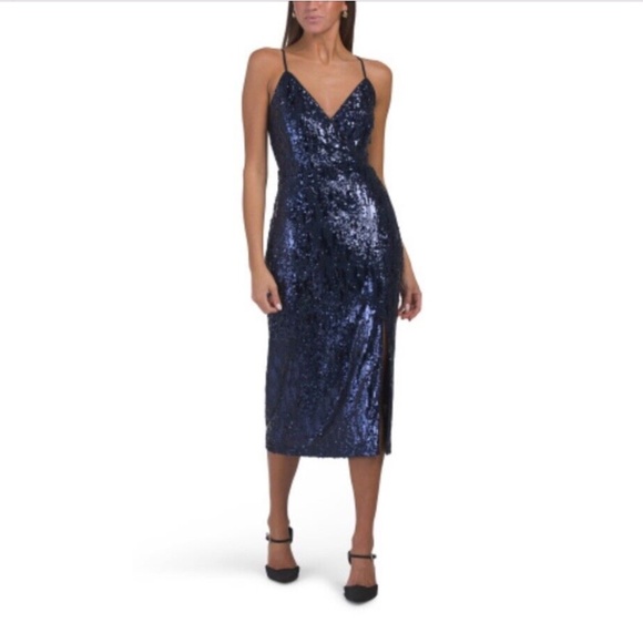 Ramy Brook Leanne Navy Blue Sequin Midi Dress 12 NWT